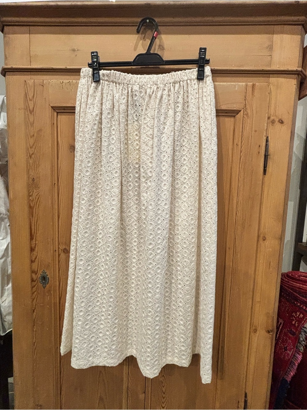 Classic Cream Eyelet Midi Skirt with Elastic Waistband
